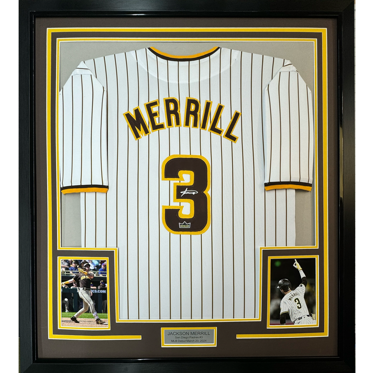 Framed Facsimile Autographed Jackson Merrill 35x39 San Diego Pinstripe Reprint Laser Auto Baseball Jersey