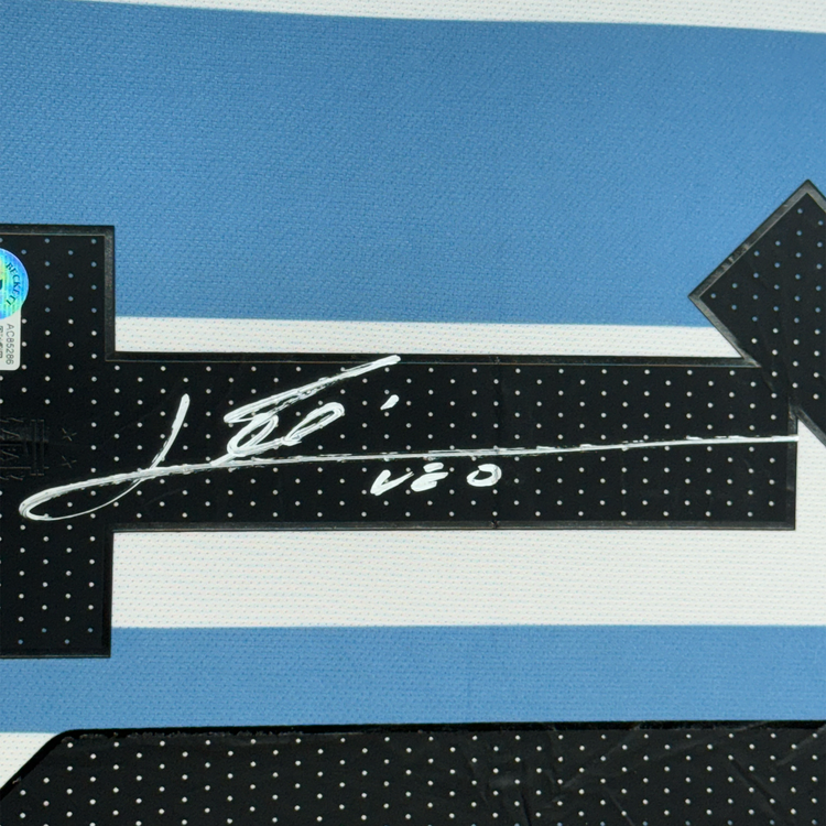 Framed Autographed/Signed Lionel Leo Messi 35x39 Argentina Blue/White Soccer Jersey Beckett BAS COA/LOA #2