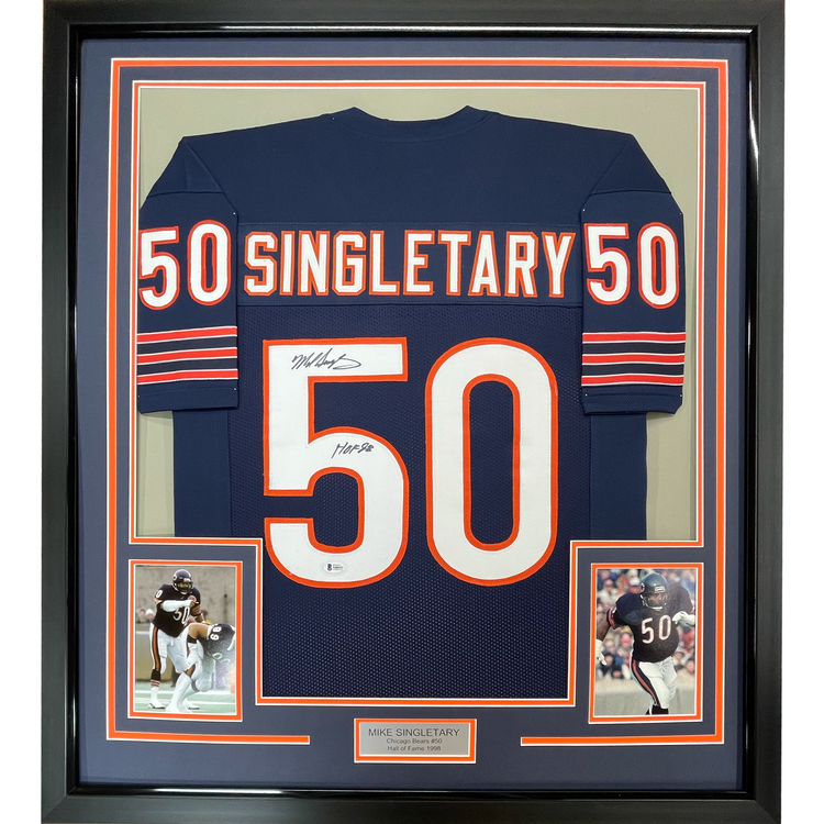 Framed Autographed/Signed Mike Singletary HOF 98 35x39 Chicago Blue Football Jersey JSA COA