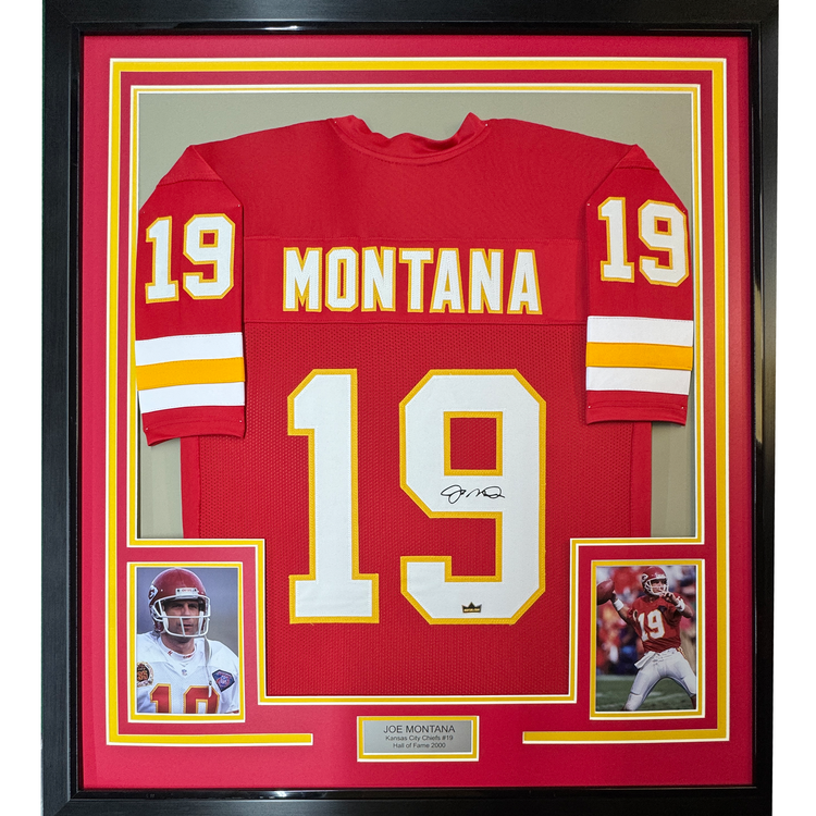 Framed Facsimile Autographed Joe Montana 35x39 Kansas City Red Reprint Laser Auto Football Jersey