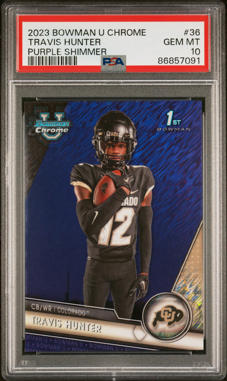 Graded 2023 Topps Bowman U Chrome Travis Hunter #36 Purple Shimmer Rookie RC Football Card PSA 10 Gem Mint