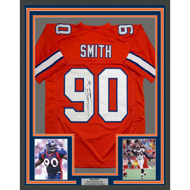 Framed Autographed/Signed Neil Smith 35x39 Denver Retro Orange Football Jersey JSA COA