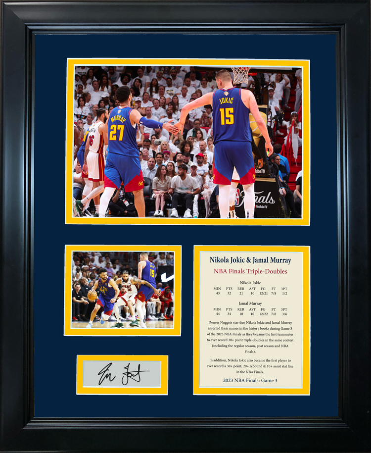 Framed Nikola Jokic & Jamal Murray Historic Game 3 Triple-doubles Denver Nuggets 2023 NBA Finals Facsimile Laser Engraved Signature Auto Basketball 11"x14" Photo Sig Collage
