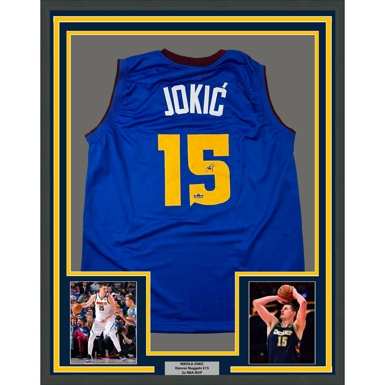 Framed Facsimile Autographed Nikola Jokic 35x39 Denver Royal Blue Reprint Laser Auto Basketball Jersey