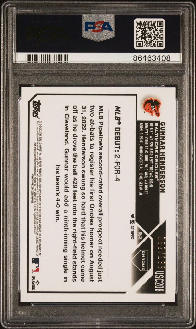 Graded 2023 Topps Chrome Update Gunnar Henderson #USC208 Aqua #/199 Rookie RC Baseball Card PSA 10 Gem Mint