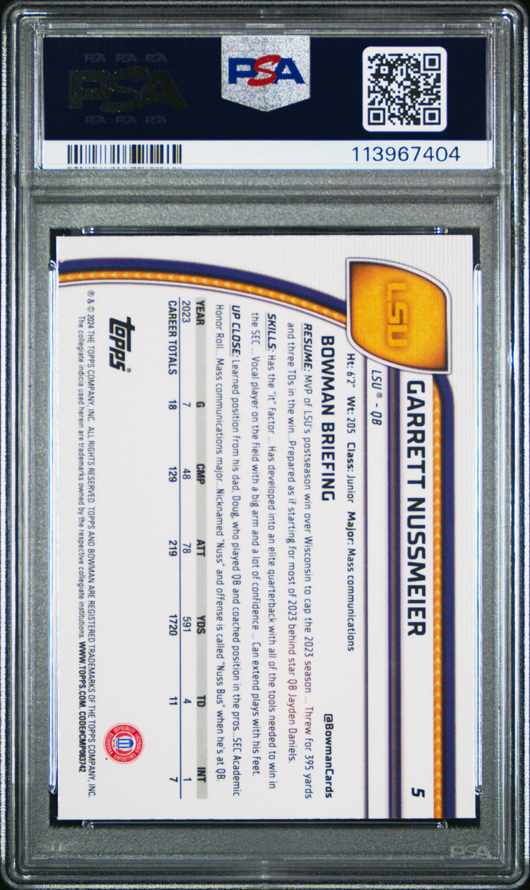 Graded 2024 Topps Bowman U Chrome Garrett Nussmeier #5 Rookie RC Football Card PSA 10 Gem Mint