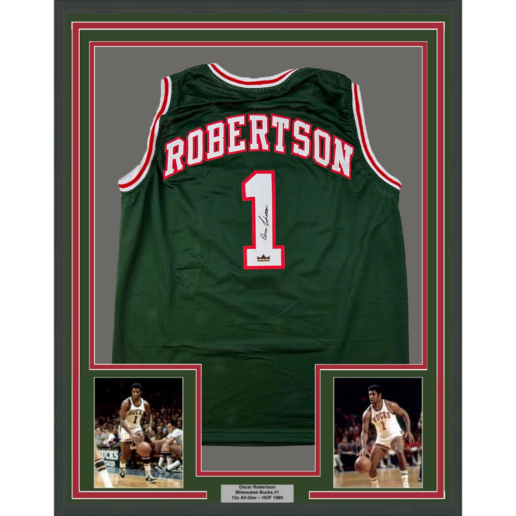 Framed Facsimile Autographed Oscar Robertson 35x39 Milwaukee Green Reprint Laser Auto Basketball Jersey