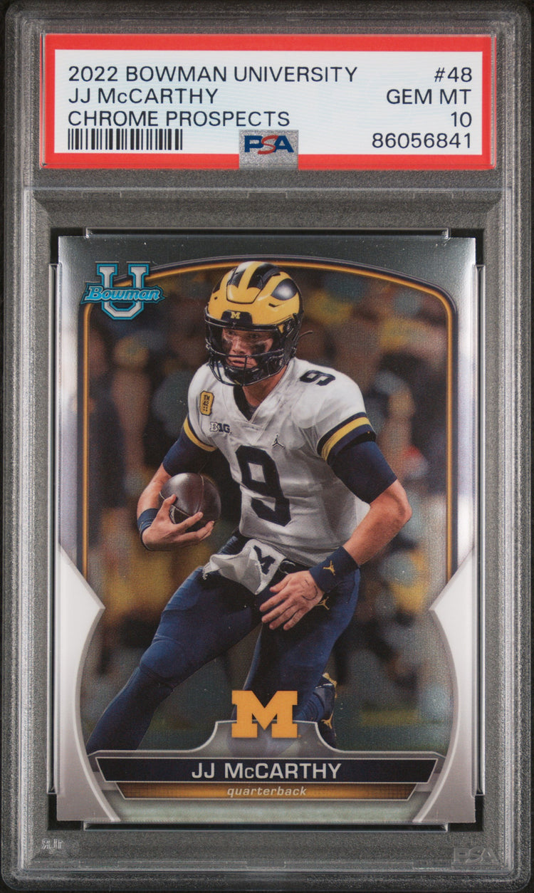 Graded 2022 Topps Bowman University JJ McCarthy #48 Chrome Prospects Rookie RC Football Card PSA 10 Gem Mint