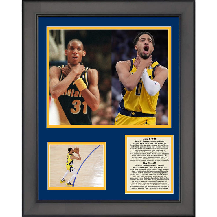 Framed Tyrese Halburton Reggie Miller Choke Celebration Indiana Pacers Game 1 2025 NBA Eastern Conference Finals Basketball 11"x14" Three Photo Collage
