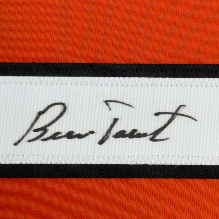 Framed Autographed/Signed Bernie Parent 35x39 Philadelphia Orange Hockey Jersey JSA COA