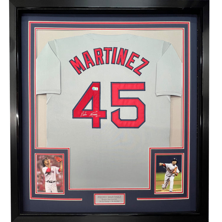 Framed Autographed/Signed Pedro Martinez 35x39 Boston Grey Baseball Jersey JSA COA