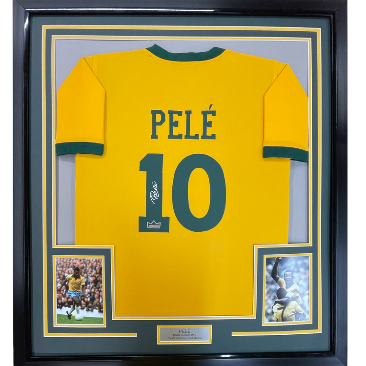 Framed Facsimile Autographed Pele 35x39 Brazil Yellow World Cup Reprint Laser Auto Soccer Jersey