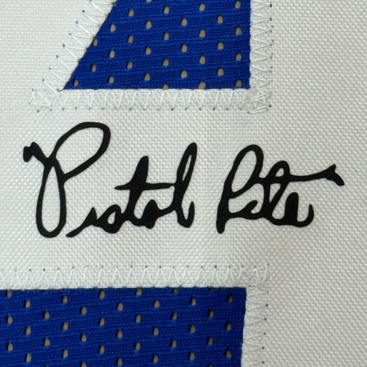 Framed Facsimile Autographed Pistol Pete Maravich 35x39 Atlanta Blue Reprint Laser Auto Basketball Jersey