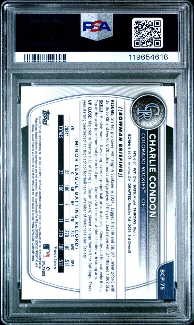 Graded 2025 Topps Bowman Charlie Condon #BCP75 Chrome Prospects Blue Geometric /150 Rookie RC Baseball Card PSA 10 Gem Mint