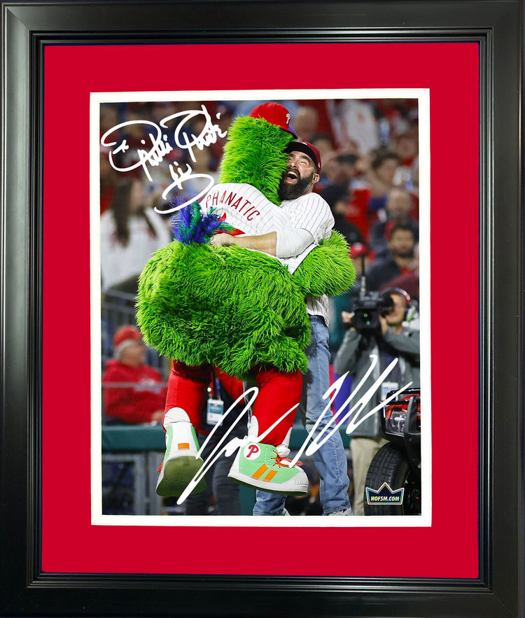 Framed Phillie Phanatic & Jason Kelce Dual Facsimile Laser Engraved Signature Auto Philadelphia Phillies 11"x14"Baseball Photo HOFSM Holo
