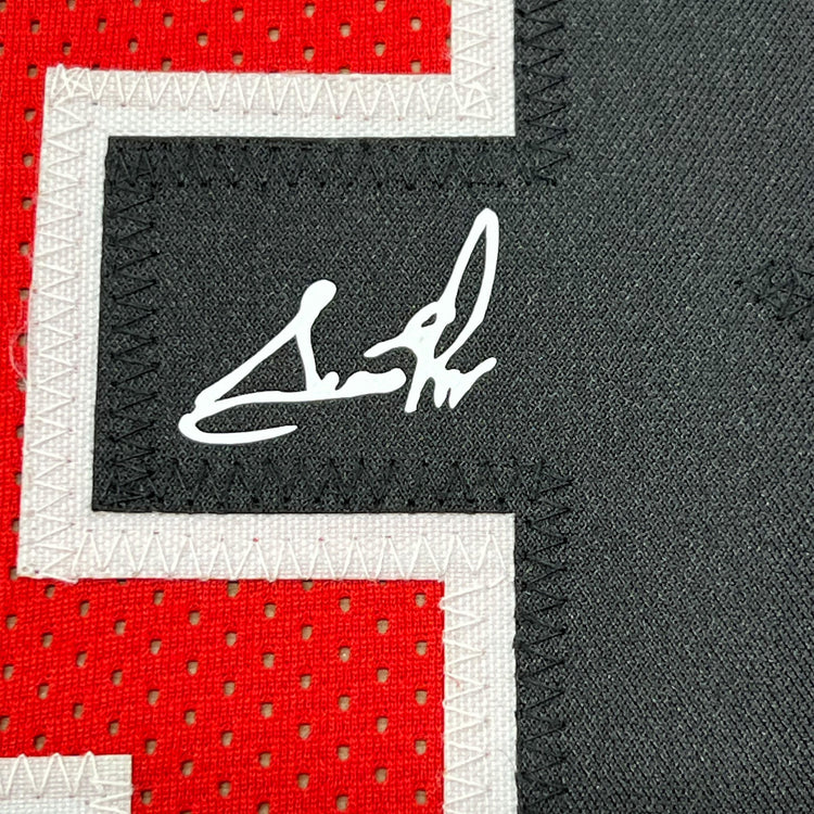 Framed Facsimile Autographed Scottie Pippen 35x39 Chicago Red Reprint Laser Auto Basketball Jersey