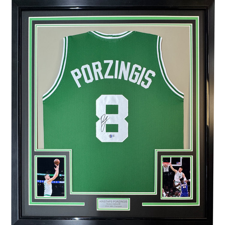 Framed Autographed/Signed Kristaps Porzingis 35x39 Boston Green Basketball Jersey JSA COA