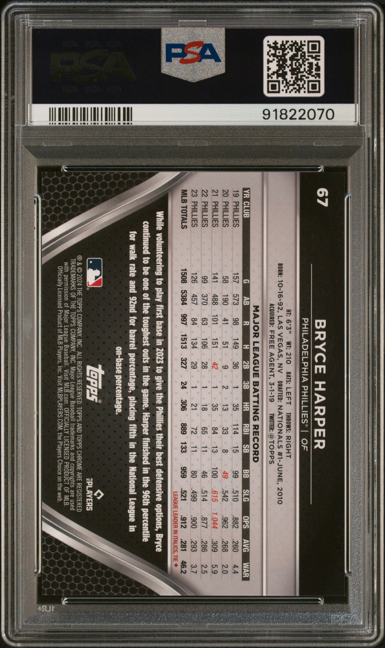 Graded 2024 Topps Chrome Black Bryce Harper #67 Orange #/25 Baseball Card PSA 10 Gem Mint