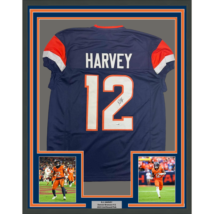 Framed Autographed/Signed R.J RJ Harvey 35x39 Denver Blue Football Jersey JSA COA