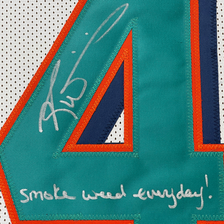 Framed Autographed/Signed Ricky Williams 35x39 Smoke Weed Everyday Inscribed Miami White Football Jersey JSA COA