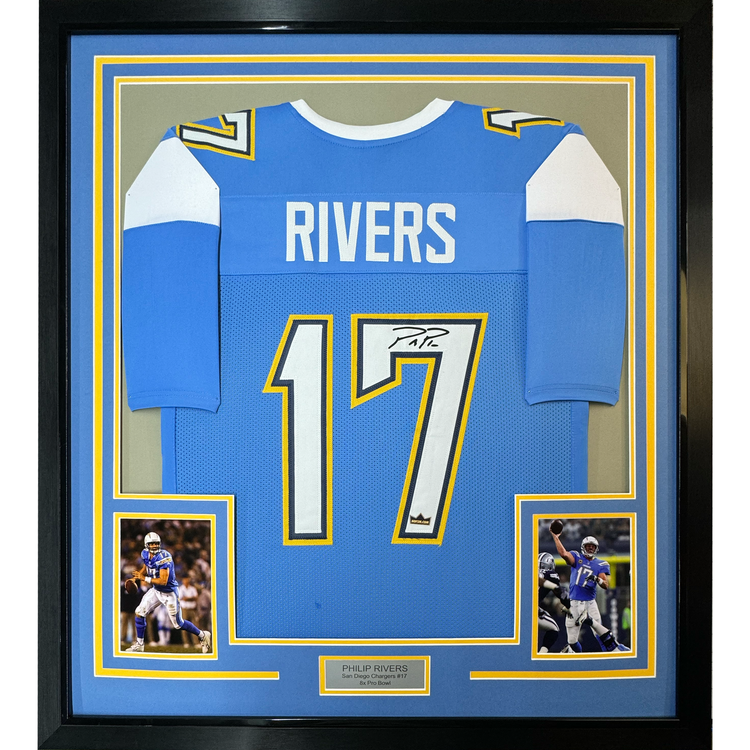 Framed Facsimile Autographed Philip Rivers 35x39 Los Angeles LA Powder Blue Reprint Laser Auto Football Jersey