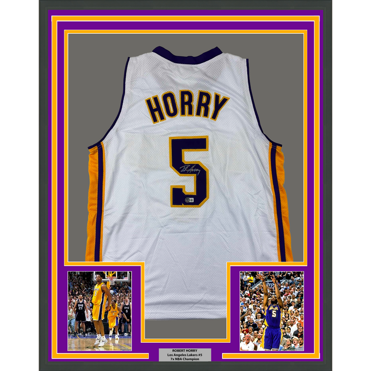 Framed Autographed/Signed Robert Horry 35x39 Los Angeles LA White Basketball Jersey Beckett BAS COA