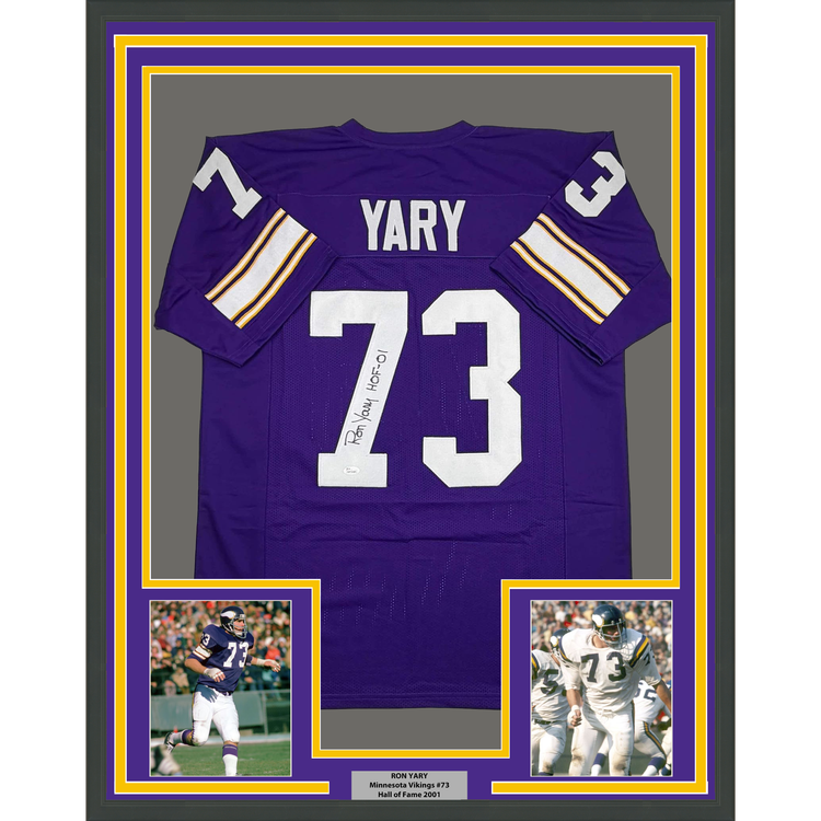Framed Autographed/Signed Ron Yary 35x39 HOF 01 Minnesota Purple Football Jersey JSA COA