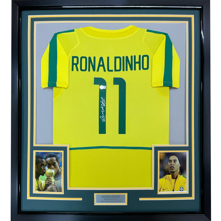 Framed Autographed/Signed Ronaldinho 35x39 Brazil Yellow Soccer Futbol Jersey Beckett BAS COA