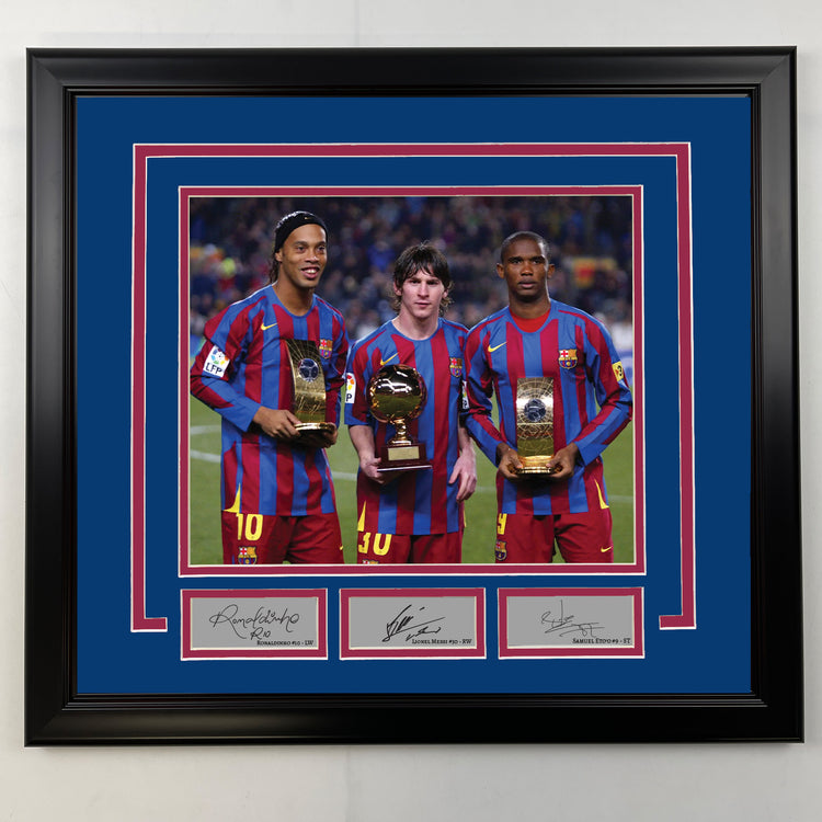 Framed Ronaldinho, Lionel Messi and Samuel Eto'o Facsimile Laser Engraved Signatures Barcelona 19x21 Soccer Photo