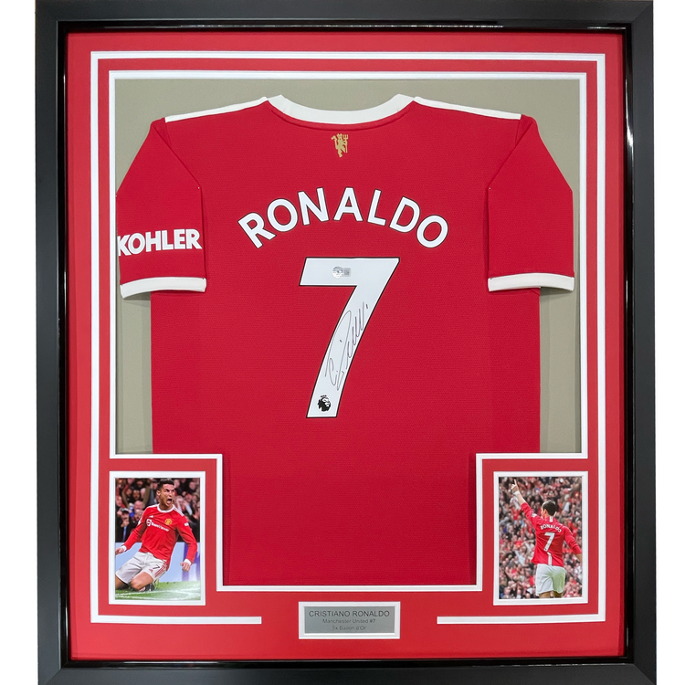 Framed Autographed/Signed Cristiano Ronaldo 35x39 Manchester United Red Current Soccer Jersey Beckett BAS COA/LOA
