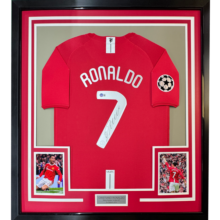 Framed Autographed/Signed Cristiano Ronaldo 35x39 Manchester United Red Soccer Jersey Beckett BAS COA