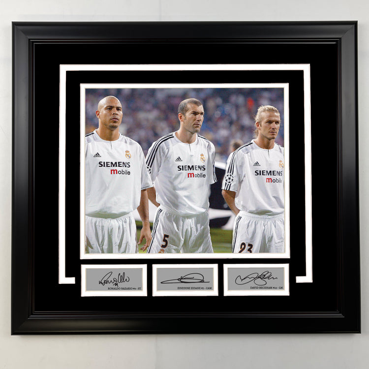 Framed Ronaldo Nazario, Zinedine Zidane and David Beckham Facsimile Laser Engraved Signatures Real Madrid 19x21 Soccer Photo