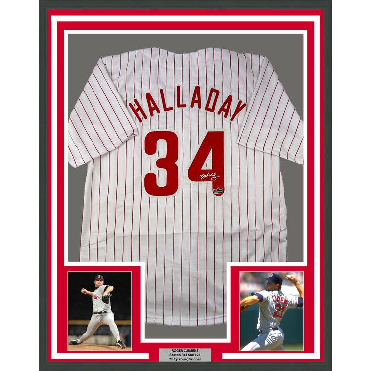Framed Facsimile Autographed Roy Halladay 35x39 Philadelphia Pinstripe Reprint Laser Auto Baseball Jersey