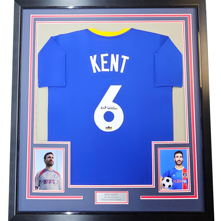 Framed Facsimile Autographed Brett Goldstein Roy Kent 35x39 AFC Richmond Ted Lasso Blue Reprint Laser Auto Soccer Jersey