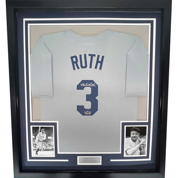 Framed Facsimile Autographed Babe Ruth 35x39 New York Grey Reprint Laser Auto Baseball Jersey Size Men's XL