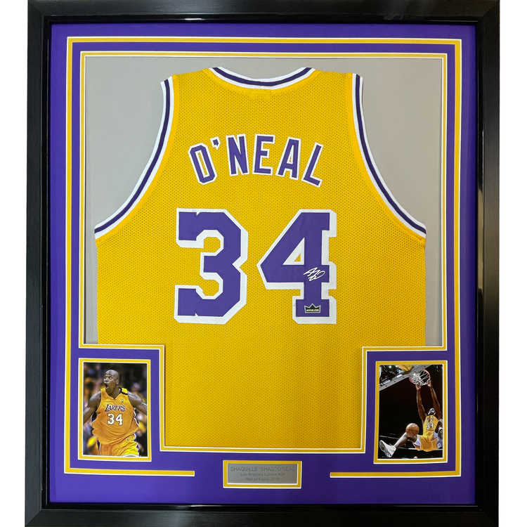 Framed Facsimile Autographed Shaquille Shaq O'Neal 35x39 Los Angeles LA Yellow Reprint Laser Auto Basketball Jersey