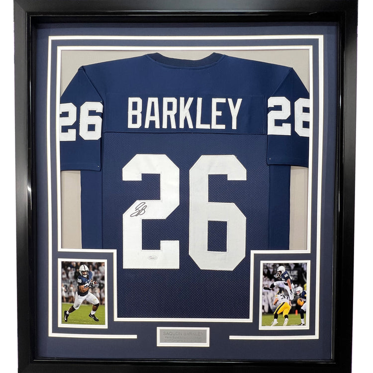 Framed Autographed/Signed Saquon Barkley 35x39 Penn State Blue College Football Jersey Beckett BAS COA