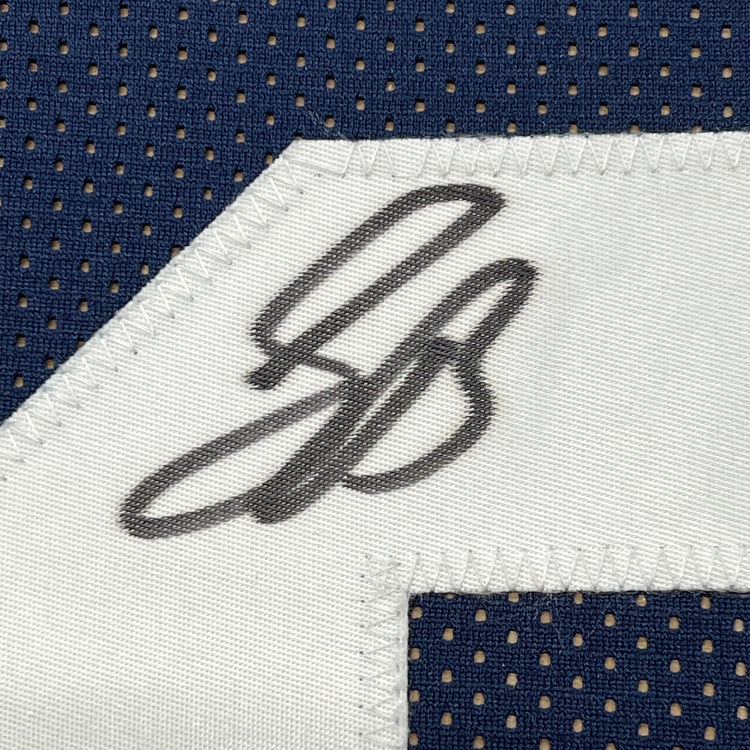 Framed Autographed/Signed Saquon Barkley 35x39 Penn State Blue College Football Jersey Beckett BAS COA