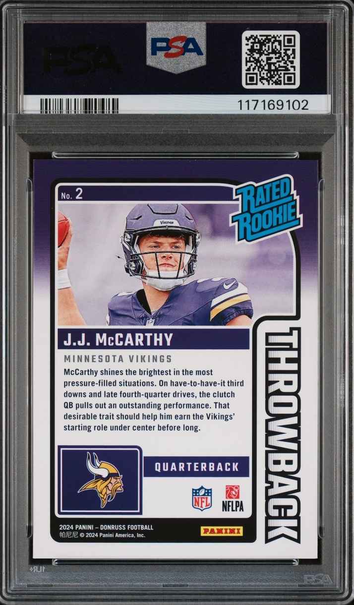 Graded 2024 Panini Donruss JJ McCarthy #2 Rated Rookies Throwback Rookie RC Football Card PSA 10 Gem Mint