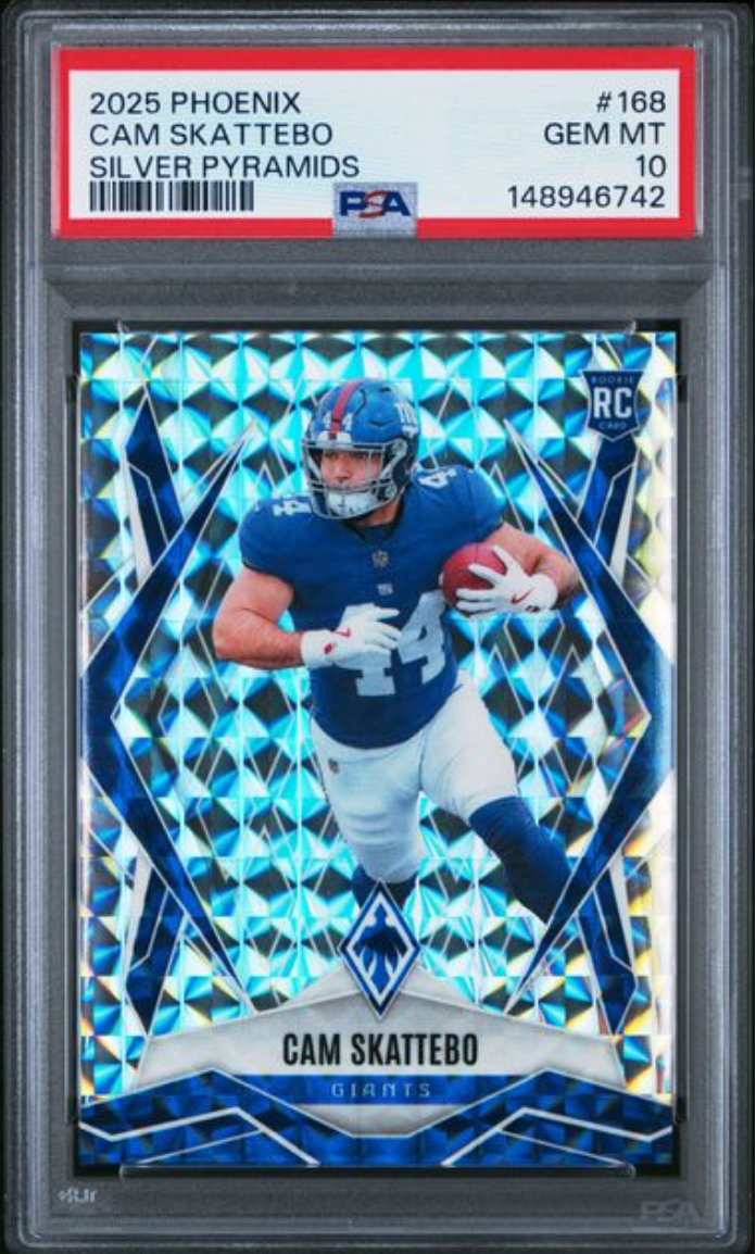 Graded 2025 Panini Phoenix Cam Skattebo #168 Silver Pyramids Rookie RC Football Card PSA 10 Gem Mint