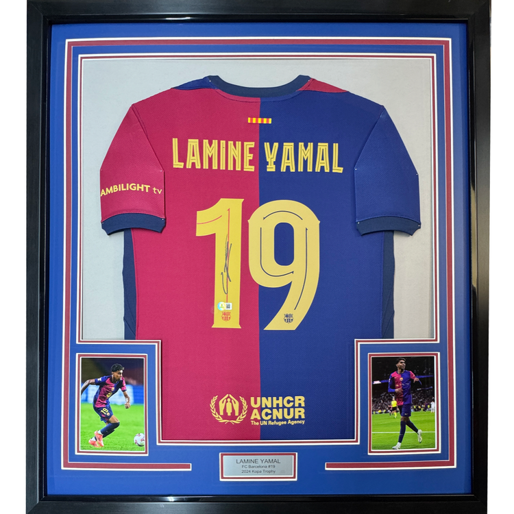 Framed Autographed/Signed Lamine Yamal 35x39 FC Barcelona Blue Soccer Jersey Beckett BAS COA