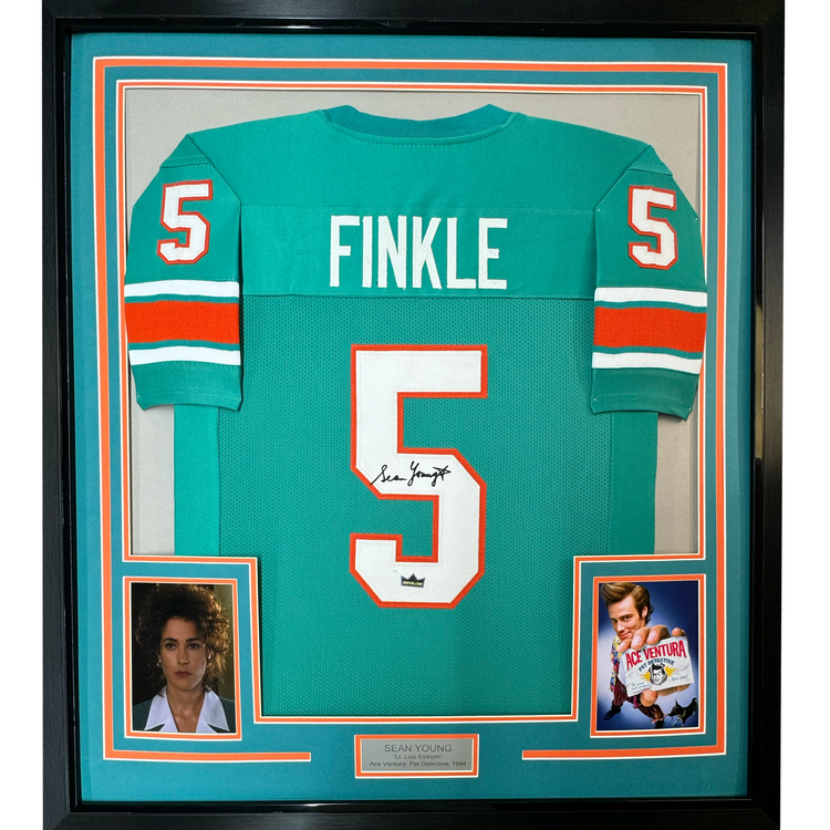 Framed Facsimile Autographed Sean Young Ray Finkle 35x39 Ace Ventura Miami Teal Reprint Laser Auto Football Jersey