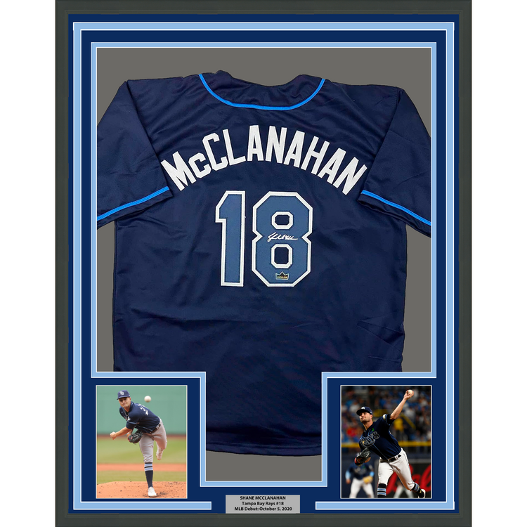 Framed Facsimile Autographed Shane McClanahan 35x39 Tampa Bay Navy Blue Reprint Laser Auto Baseball Jersey