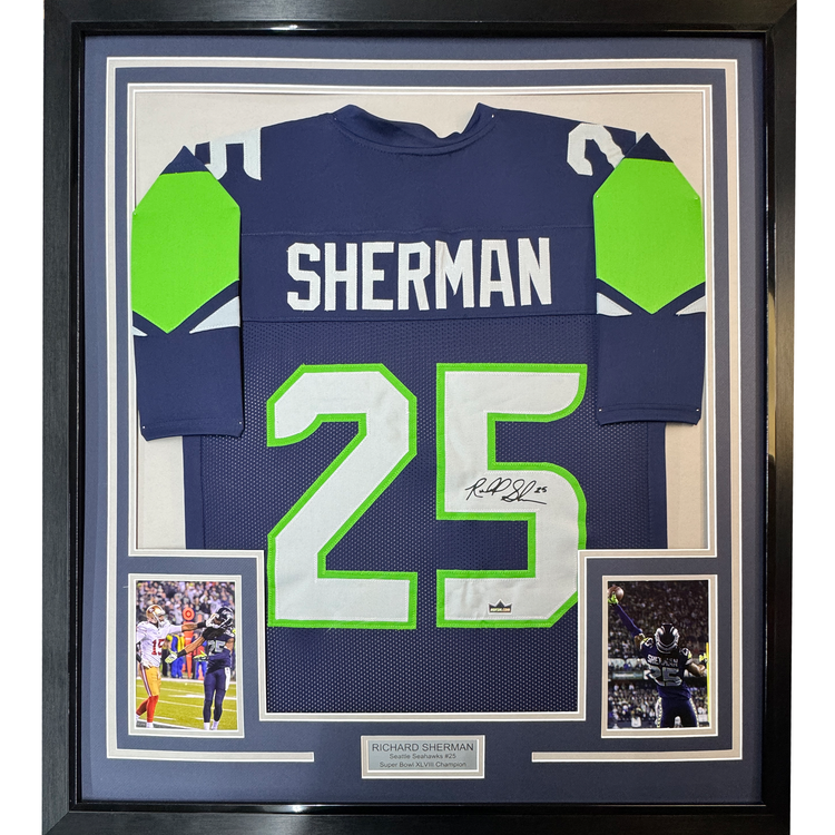 Framed Facsimile Autographed Richard Sherman 35x39 Seattle Blue Reprint Laser Auto Football Jersey
