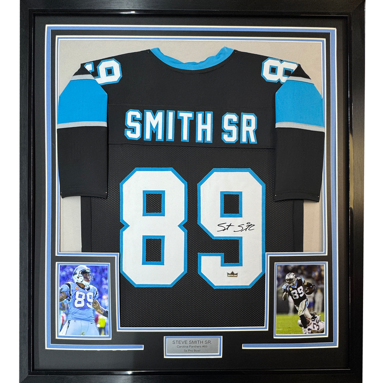 Framed Facsimile Autographed Steve Smith Sr. 35x39 Carolina Black Reprint Laser Auto Football Jersey