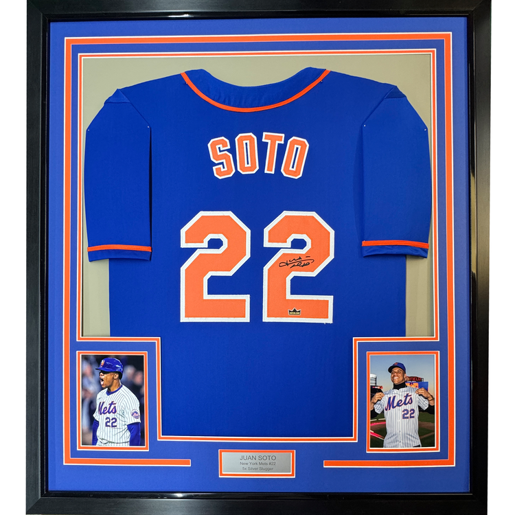 Framed Facsimile Autographed Juan Soto 35x39 New York Blue Reprint Laser Auto Baseball Jersey