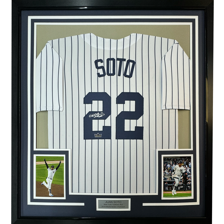 Framed Facsimile Autographed Juan Soto 35x39 New York Pinstripe Reprint Laser Auto Baseball Jersey