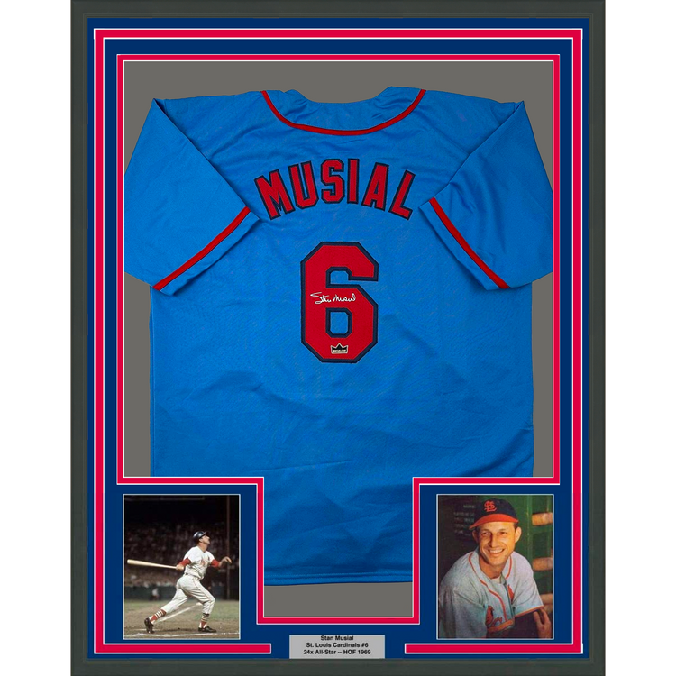 Framed Facsimile Autographed Stan Musial 35x39 St. Louis Blue Reprint Laser Auto Baseball Jersey