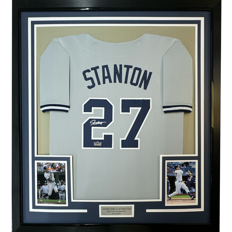 Framed Facsimile Autographed Giancarlo Stanton 35x39 New York Grey Reprint Laser Auto Baseball Jersey