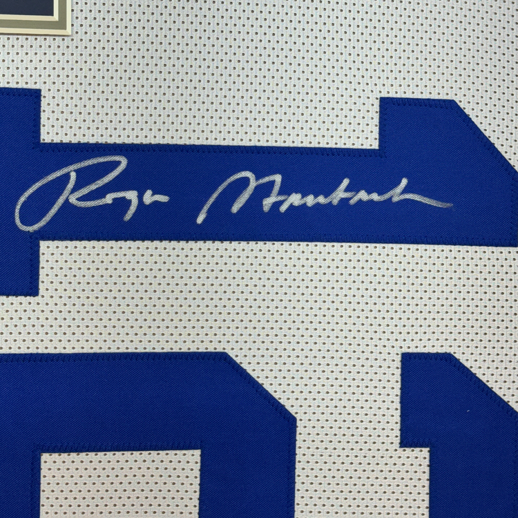 Framed Autographed/Signed Roger Staubach 35x39 Dallas White Football Jersey Beckett BAS COA